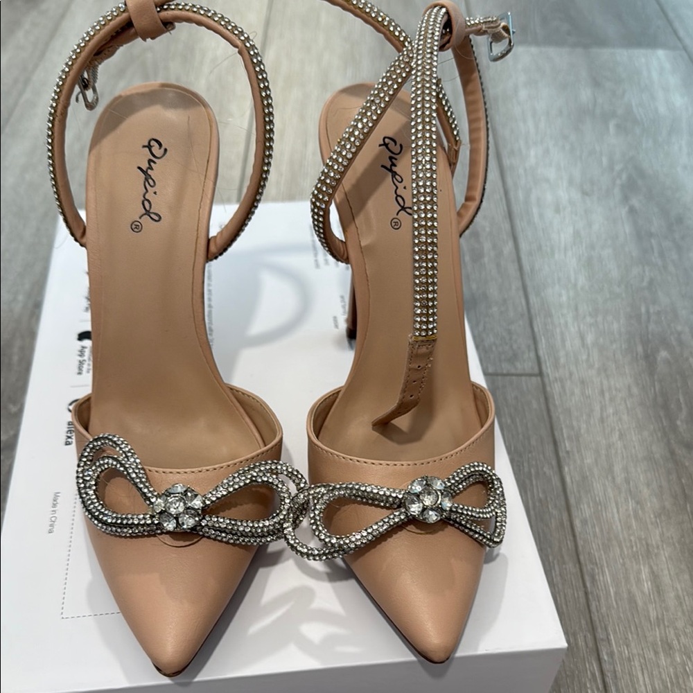 Qupid Nude Rhinestone Bow Heels
